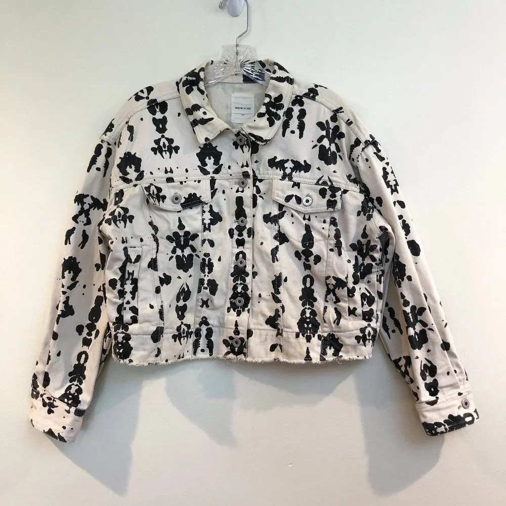 WOOD WOOD Black & White Splattered Canvas Jean Designer Denim Jacket S FLAWED - Picture 2 of 10